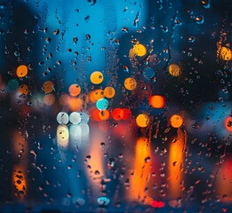 Canvas Print - Dreamy Rainy Night City Landscape with Blurred Lights Behind Wet Car Window