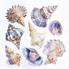 watercolored sea shells on a white background