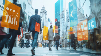 A bustling urban street with people walking past buildings displaying colorful infographics.