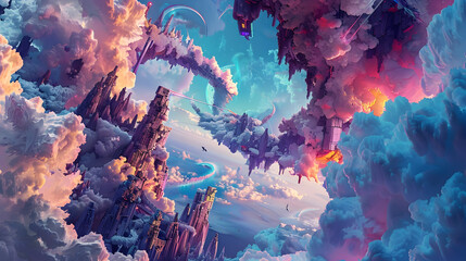 Wall Mural - Fantasy Cityscape Illustration in the Clouds