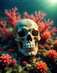 Wall Mural - A skull resting on the ocean floor, encrusted with coral and seaweed. Schools of fish swim through the eye sockets