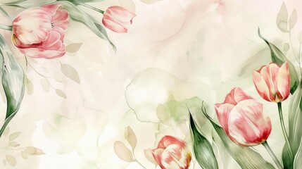 Wall Mural - Sophisticated tulip watercolor illustration with leaves and a floral frame for refined greeting cards.