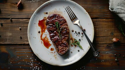 Steak on the table, No fork, top view