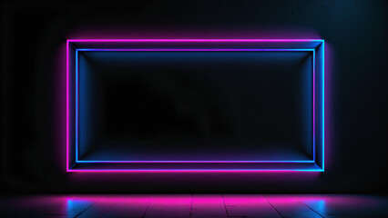 Wall Mural - Neon glowing frame on dark wall Pink and blue glowing border with empty space