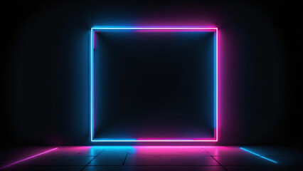 Wall Mural - Neon glowing frame on dark wall Pink and blue glowing border with empty space