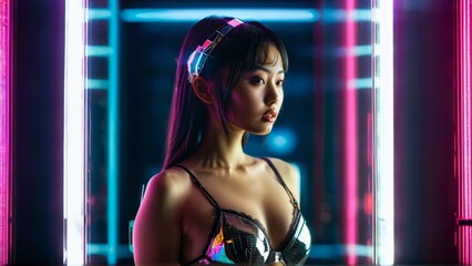 sci fi glam with an asian model in mirror like lingerie reflective surfaces neon circuit