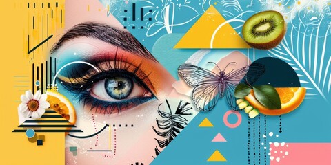 A vibrant illustration features an eye with artistic makeup, surrounded by colorful fruits and flowers. The design showcases a blend of nature and beauty.