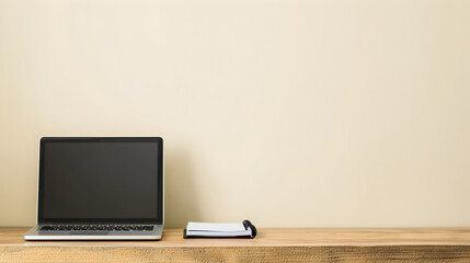 A laptop and a notepad sit on a wooden desk. The laptop is turned off, and the notepad is open to a blank page. The scene suggests a quiet, focused atmosphere