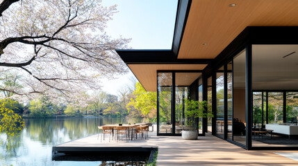 Wall Mural - A house with outdoor seating areas by lake cherry blossom, nature architecture