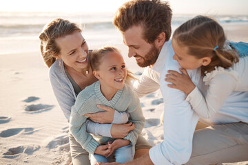 Poster - Fun, love and smile with family on beach together for holiday, travel or vacation in summer. Nature, sand or wind with mom, dad and daughter children outdoor on coast by ocean or sea for bonding