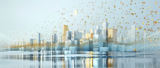 Wall Mural - financial city tech data flow skyline illustration with tridimensional buildings