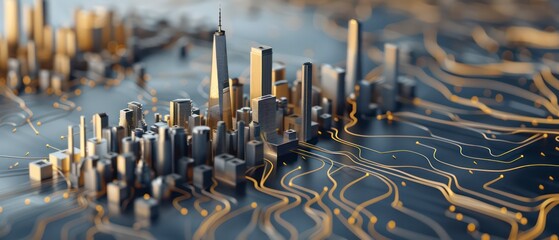 Wall Mural - financial city tech data flow skyline illustration with tridimensional buildings