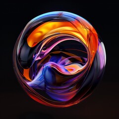 Wall Mural - abstract glass sphere with soft and colorful rounded forms, metallic texture on a black background