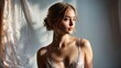 © panophotograph - Hopeful and engaging lingerie model with soft smile posing in studio wearing minimalist silky lingerie