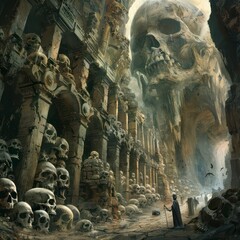 Wall Mural - dark stone temple filled with the skulls