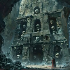 dark stone temple filled with the skulls