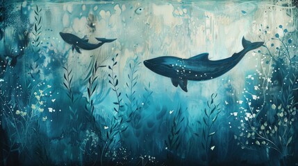 Wall Mural - Peaceful underwater scene with swimming marine creatures and oceanic flora, evoking tranquility and reflection.