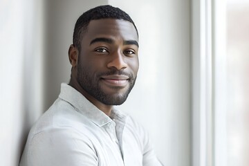 Portrait of a smiling African American man with a short beard, in a white shirt, standing near a window.