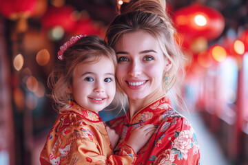 Wall Mural - Caucasian mother and daughter in cheongsam enjoy the lunar new year celebration