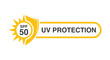 © Avni Design - SPF 50 icon logo vector design UV protection with sun icon, shield symbol, in yellow color in white background. SPF icons for sunscreen skin cosmetics packaging