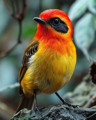 Wall Mural - Close-up of a vibrant yellow and red bird perched on a rock.