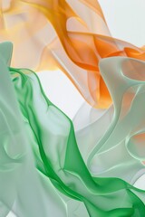 Wall Mural - translucent gradient liquid shapes with green and orange light on a solid white background