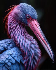 Wall Mural - Close-up of a water bird with blue and pink feathers, covered in raindrops.