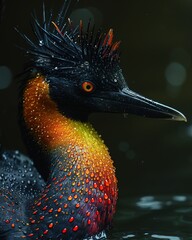 Wall Mural - Close-up of a wet bird with vibrant colors and a spiky crest.