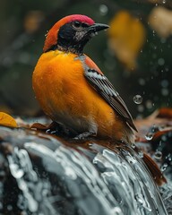 Wall Mural - Colorful bird perched on a waterfall, water droplets falling.