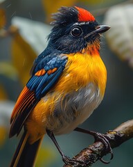 Wall Mural - Colorful bird perched on branch in rain.