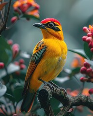 Wall Mural - Colorful bird perched on branch with vibrant flowers.