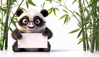 happy smiling cute Panda large prescription glasses holding banner sign 3D green leaves and Bamboo branches Copy Space 