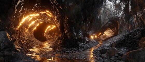 A deep underground gold mine with glowing gold veins illuminating the dark rocky tunnels