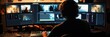 © Naru - A video editor sits in front of multiple screens, working on a project. The screens show different video clips and footage. The editor is focused on their work