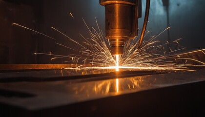 close up of a laser cutting machine cutting steel with bright sparks at night 2