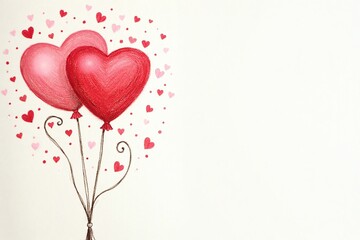 Heart-shaped balloons in romantic watercolor style representing love against white background with copy space