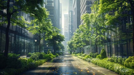 A city street with modern buildings and green spaces in an urban sketch style, creating a vibrant and contemporary atmosphere.