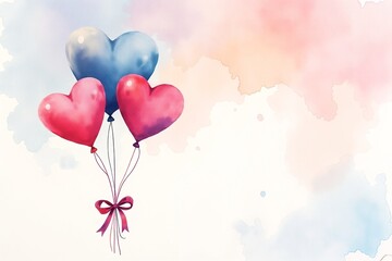 Heart-shaped balloons with romantic charm floating against dreamy watercolor sky with copy space