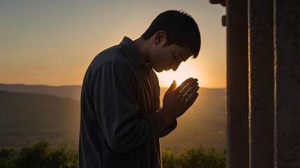 A shadowy figure of a young man praying at dawn, his hands clasped tightly, the sunrise illuminating the sanctity of the moment.