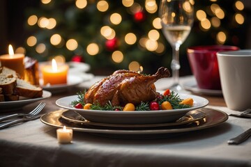 Festive christmas dinner setting. Seasonal holiday dining background