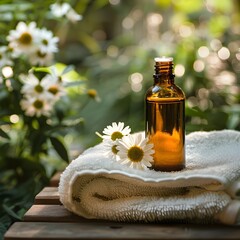 Canvas Print - Serene Garden Setting with Essential Oil Bottle Flowers and Soft Towel   Aromatherapy and Wellness Concept