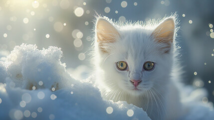 A white kitten playfully sits in the snow with a gentle, enchanting glow surrounding it, and sparkles accentuating the magical essence of the winter moment.