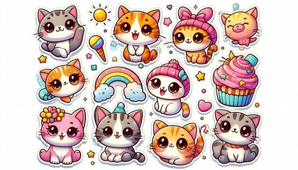 Collection of cute cartoon cat stickers with various expressions and accessories.