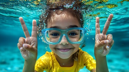 Peaceful Underwater Child with Tranquil Hand Gesture in Minimalist Style