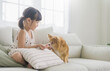 © paulaphoto - Portrait of little asian girl stay home sit on the sofa  living room with lovely dog. Happy moment of pure love toddler playing with little dog, minimal happy pet animal lifestyle concept