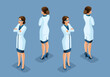 © elizaliv - Trending Isometric Doctors. 3D Female surgeon, Medical worker, hand and foot gestures, front view and back view. Vector Illustration Set 1