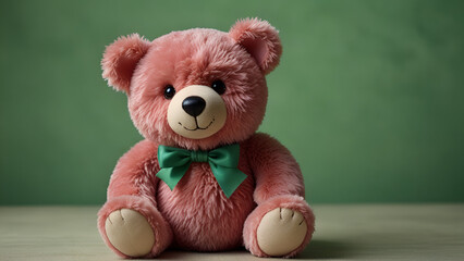 Toy Pink Bear Against a Bright Green Background, Playful and Colorful Display.