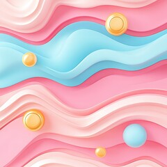 Abstract 3D pastel wave background with soft color curves and floating spheres in pink, blue, and gold tones creating a calming design.