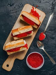 Wall Mural - Sandwiches with red caviar on a cutting Board, red caviar in a bowl and a spoon. On black rustic background