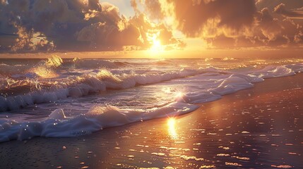 Wall Mural - Golden Sunset Over Foamy Ocean Waves.